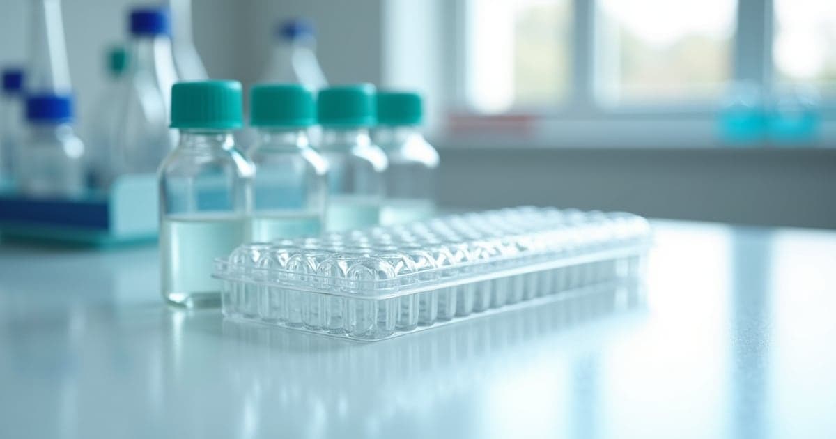 A clear multiwell plate beside capped vials on a bright bench