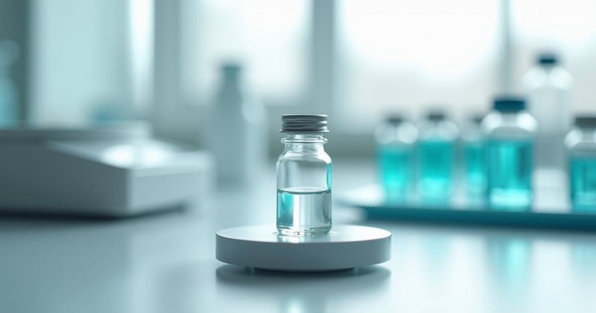 A close view of a small glass vial on a laboratory balance with a blurred bench behind