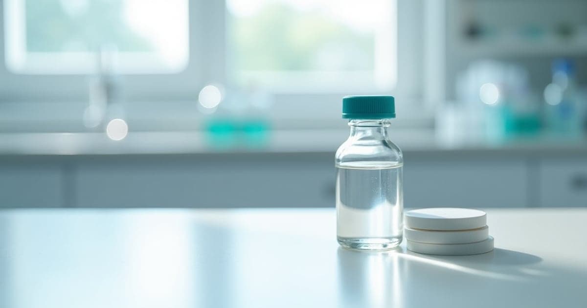 A capped glass vial beside a small stack of plain white filter discs