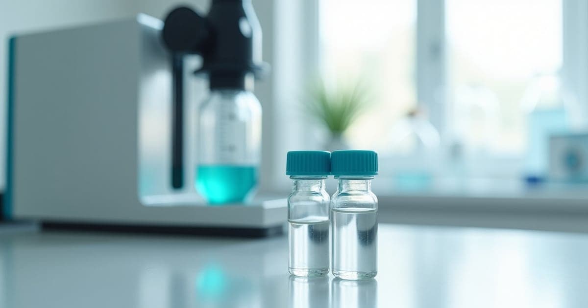 Two small capped vials in front of a blurred analytical instrument