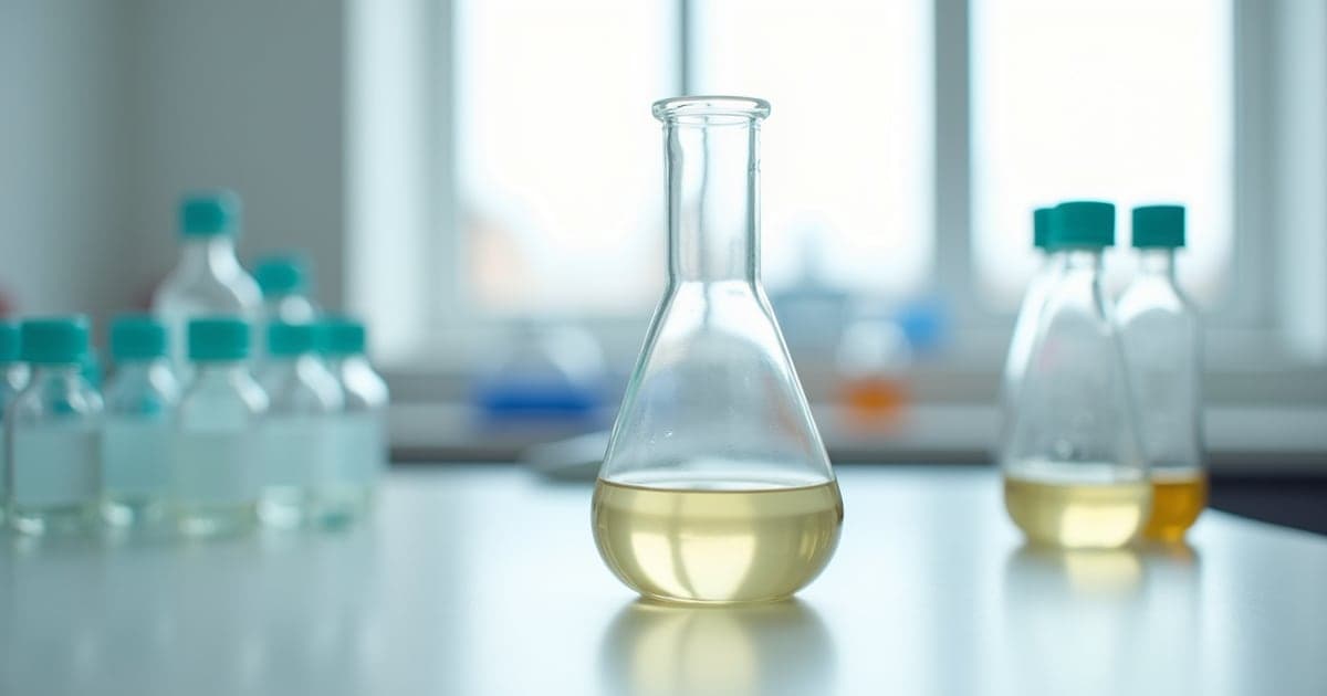 A clear flask of pale liquid on a white laboratory bench with glassware behind