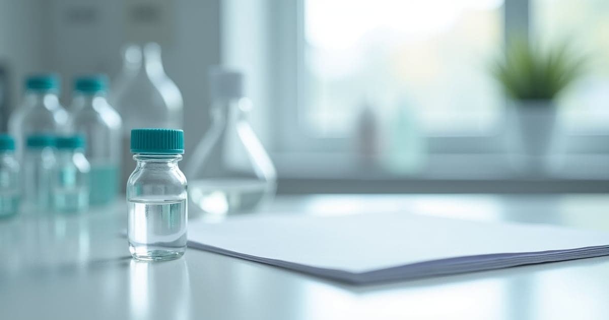 A small glass vial beside a printed document on a white laboratory bench