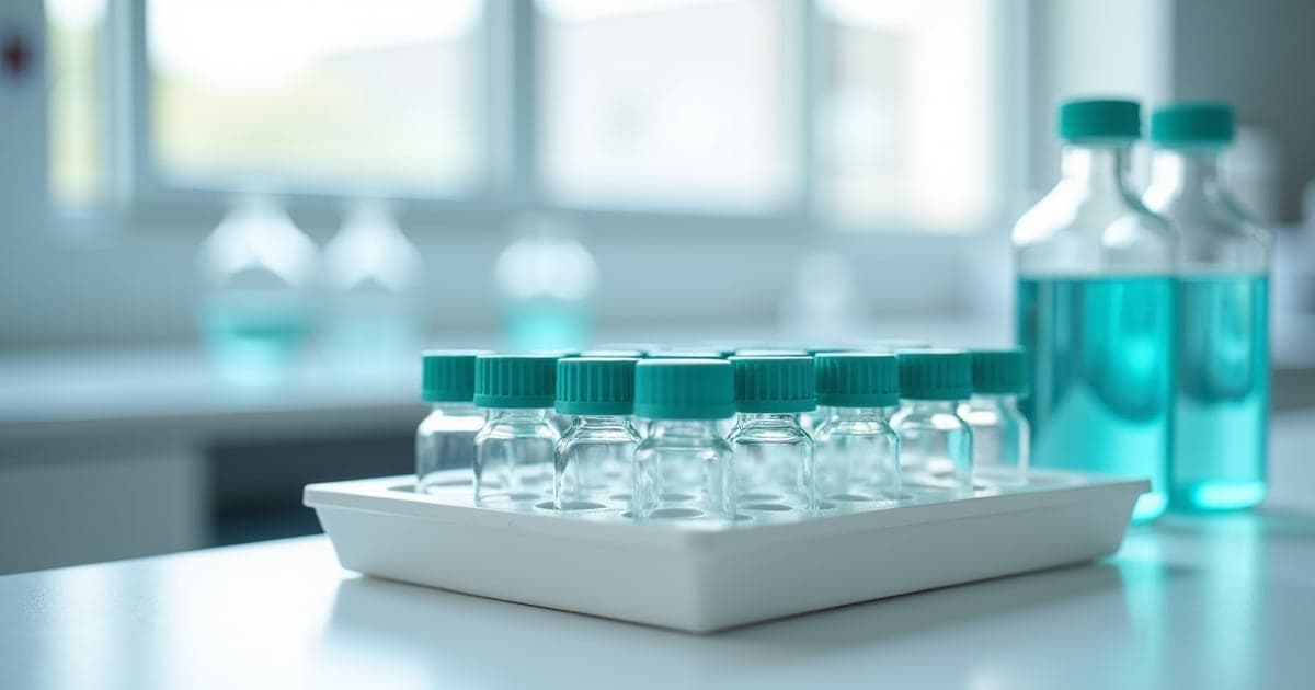 A row of small capped vials in a tray on a bright white laboratory bench