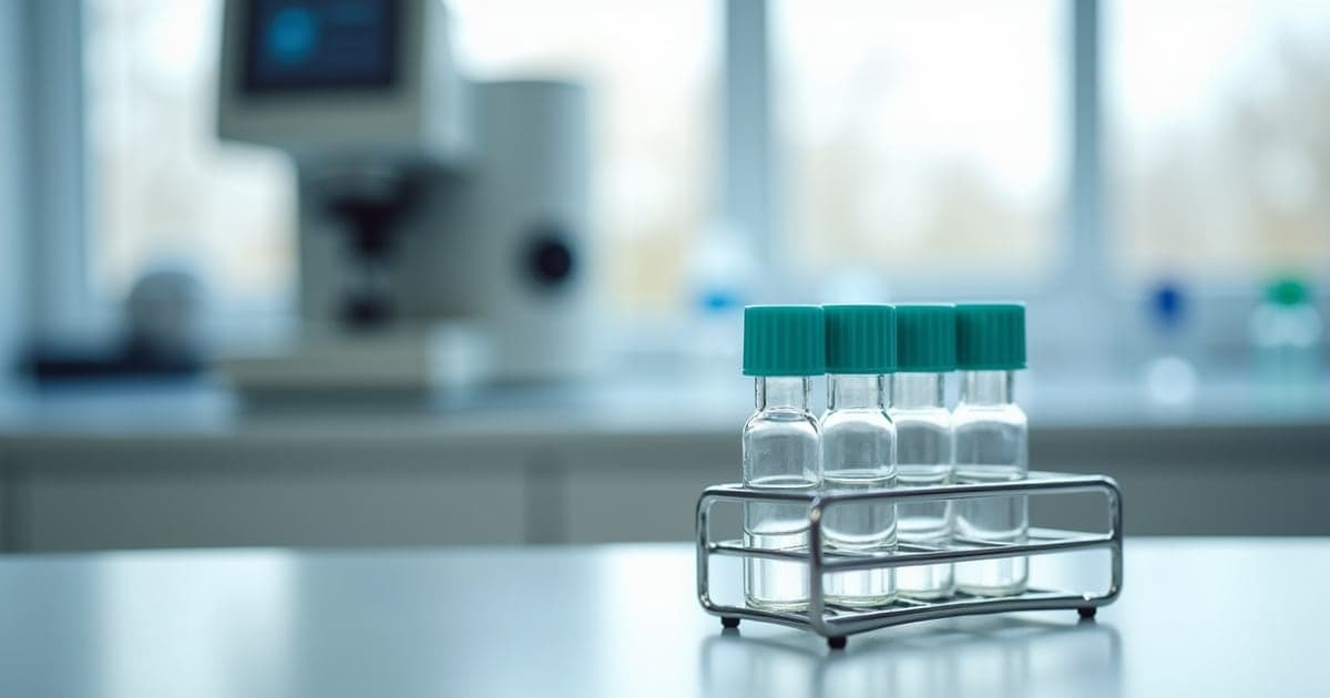 Laboratory glassware and a capped vial on a bright white bench, instrument blurred behind