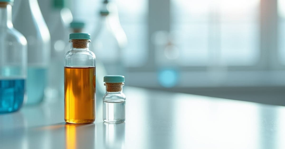 An amber glass bottle beside a clear capped vial on a white bench