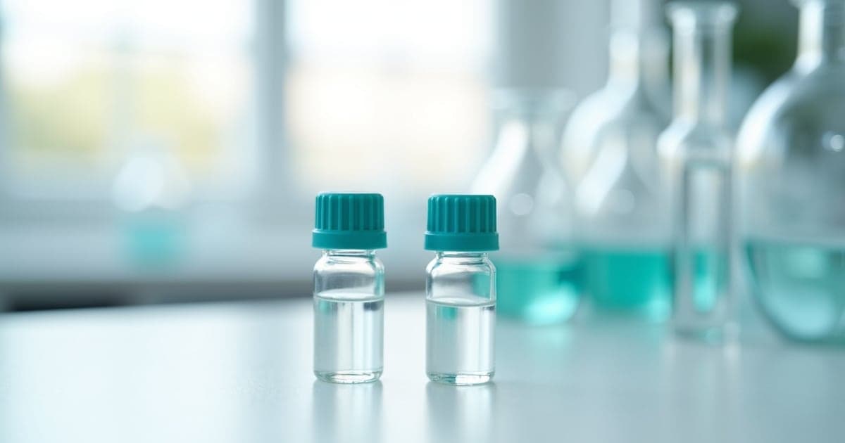 Two labelled vials of the same size side by side on a white bench