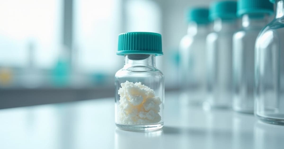 A vial holding a white freeze-dried cake on a bright laboratory bench