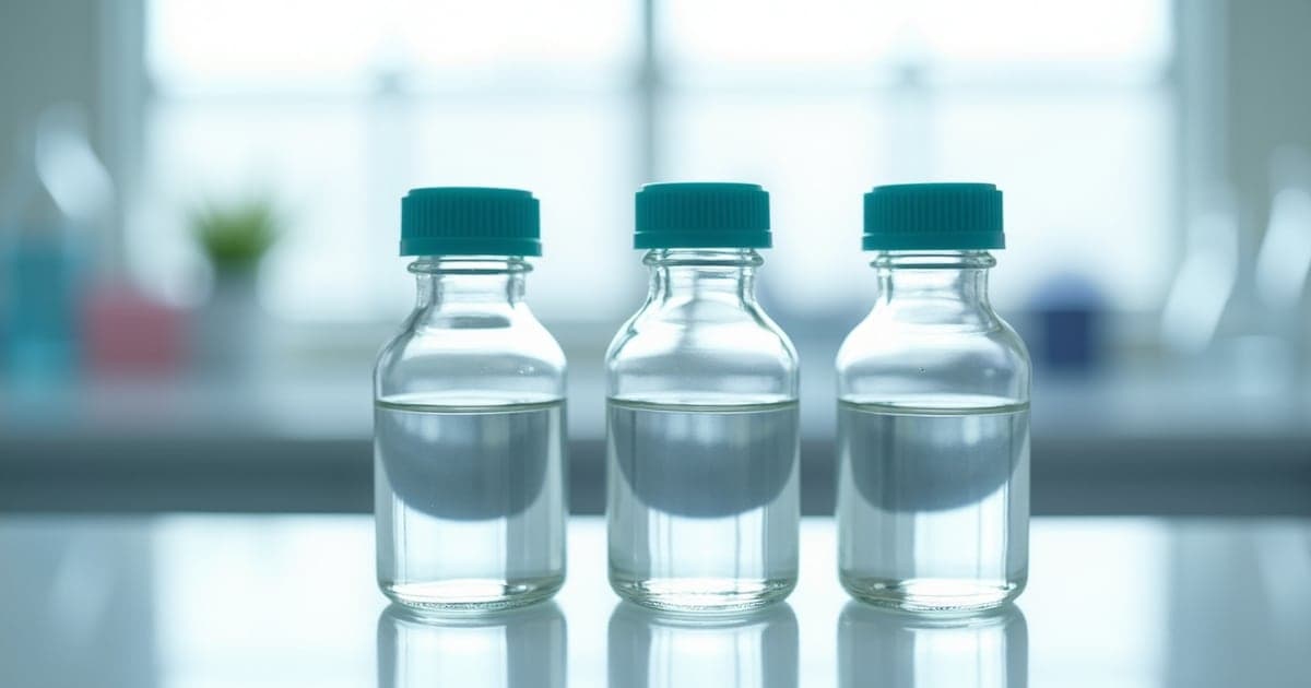Three clear bottles of colourless liquid in a row on a white bench