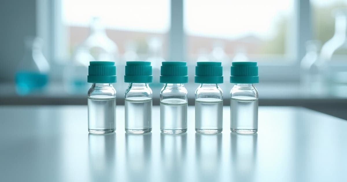 Five identical capped vials standing in a row on a white bench
