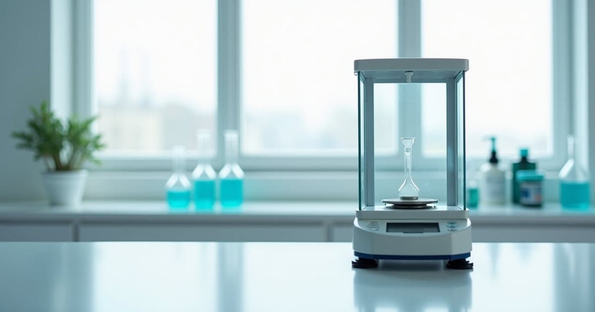 An analytical balance with its draught shield open on a white bench