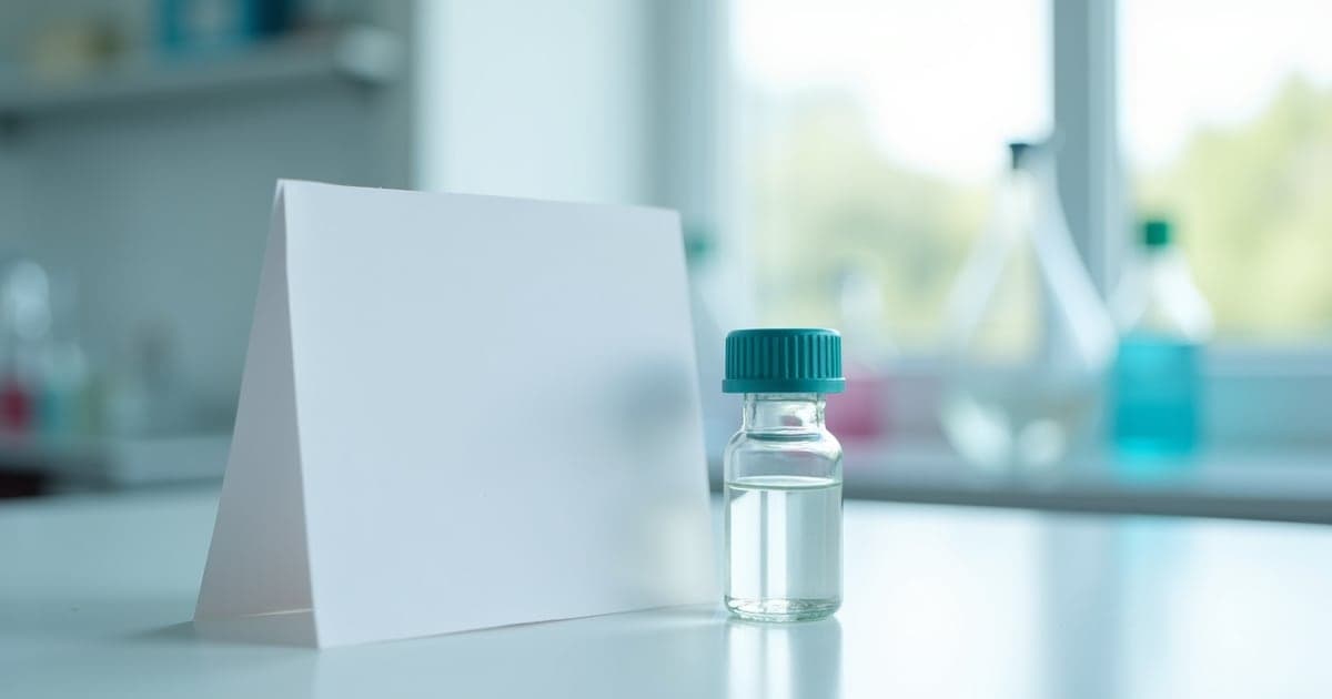 A capped glass vial beside a blank label card on a white laboratory bench