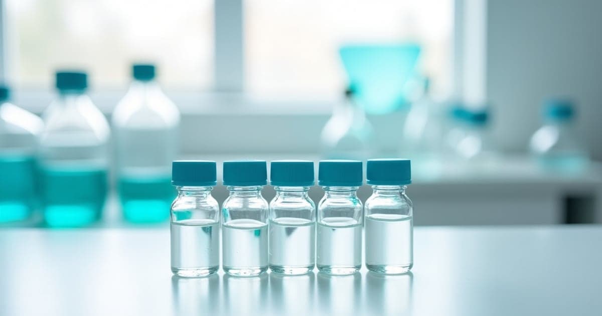 Several capped vials of different sizes arranged on a white laboratory bench