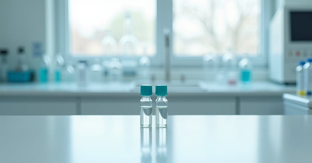 Two identical sample vials side by side in front of an out-of-focus analytical instrument